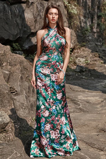 Flower Print Mermaid Halter Floor Length Green Satin Bridesmaid Dress